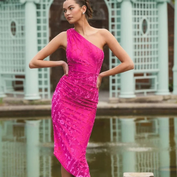 NWT Hutch One Shoulder Ruched Pink Velvet Dress Medium - Picture 6 of 12